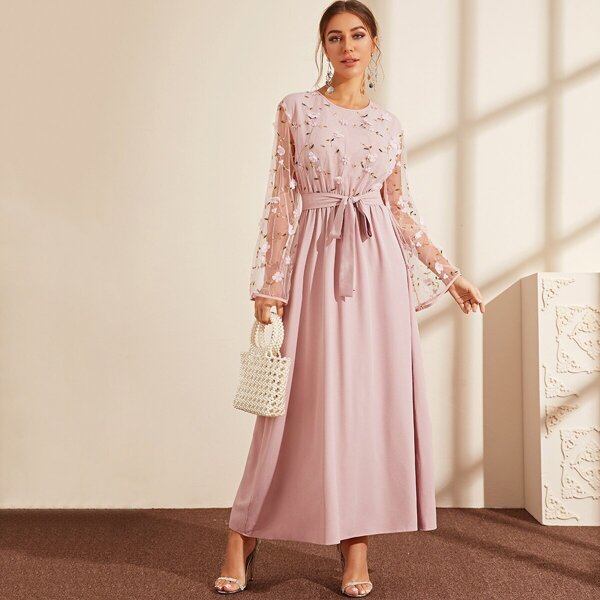 

3D Applique Embroidered Mesh Overlay Bodice Belted Dress, Pink pastel