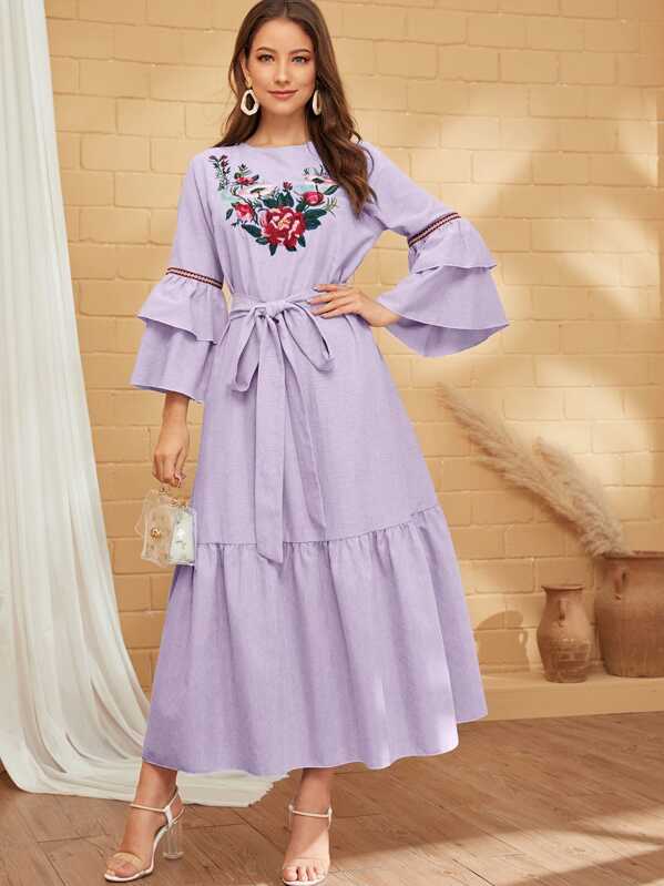 

Floral Embroidered Layered Sleeve Belted Dress, Purple, Debi Cruz