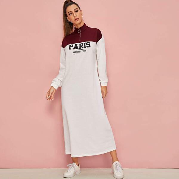 

Zip Half Placket Slogan Print Two Tone Sweatshirt Dress, White