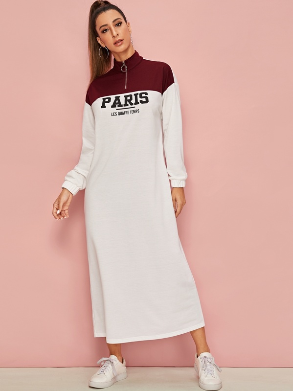 

Zip Half Placket Slogan Print Two Tone Sweatshirt Dress, White, Gabe