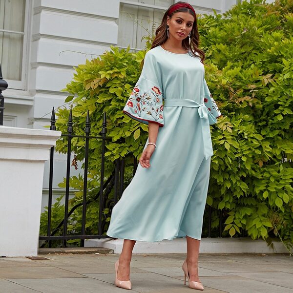 

Drop Shoulder Embroidery Flounce Sleeve Belted Dress, Green pastel
