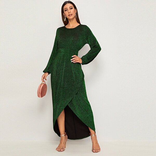 

High Waist Wrap Asymmetrical Hem Glitter Dress, Green
