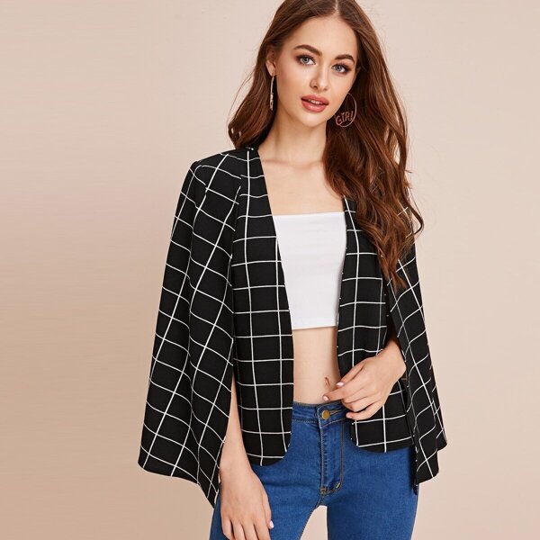 

Grid Print Textured Cape Blazer, Black