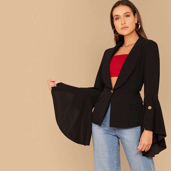 

Shawl Collar Flounce Sleeve Button Detail Blazer, Black