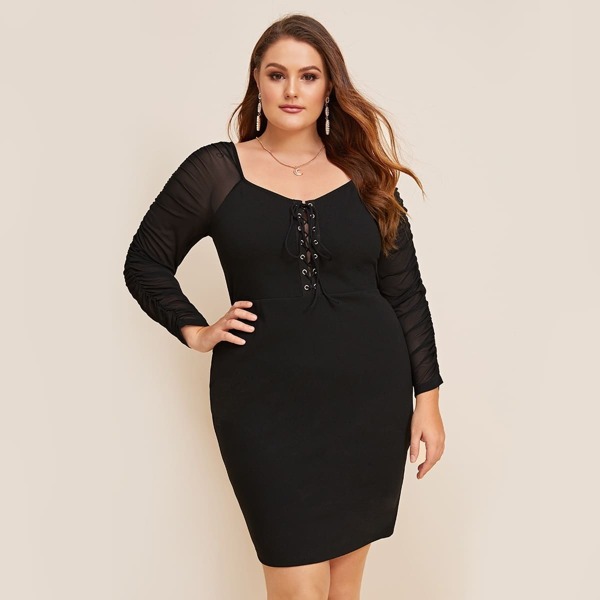 

Plus Grommet Lace Up Crinkle Sheer Sleeve Fitted Dress, Black