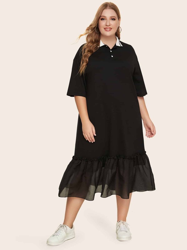 

Plus Contrast Collar Sheer Flounce Hem Polo Dress, Black, Stanis