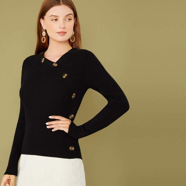 

Button Trim Rib-knit Fitted Sweater, Black