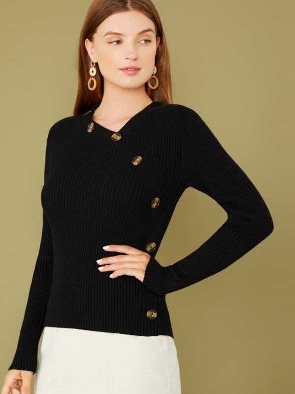

Button Trim Rib-knit Fitted Sweater, Black, Amanda Mondale