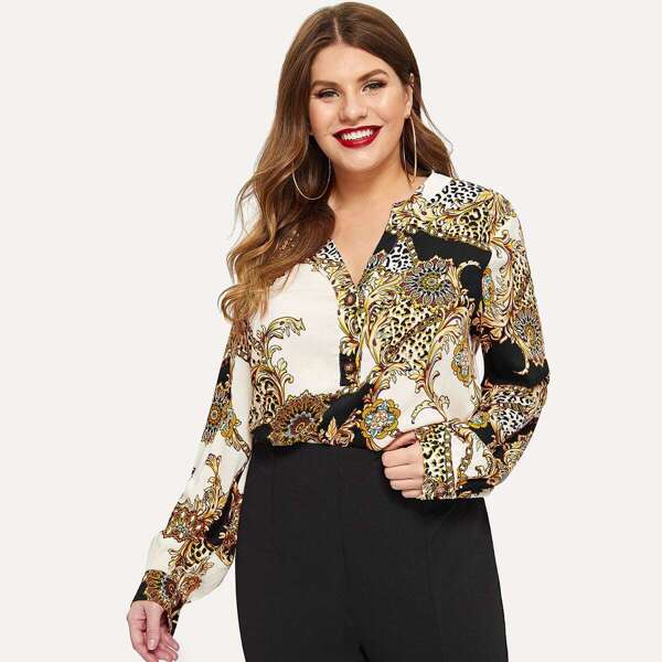 

Plus V-neck Scarf Print Top, Multicolor