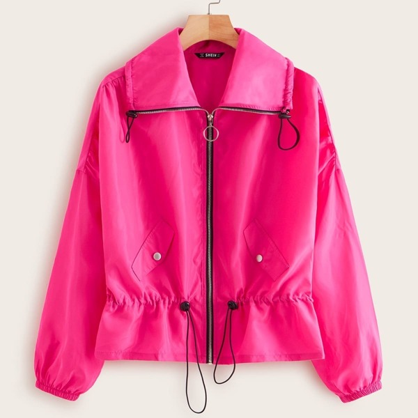 

Zip Up Lantern Sleeve Drawstring Wind Jacket, Pink bright