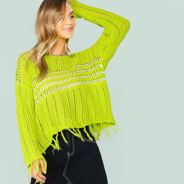 

Frayed Trim Loose Knit Sweater, Green bright