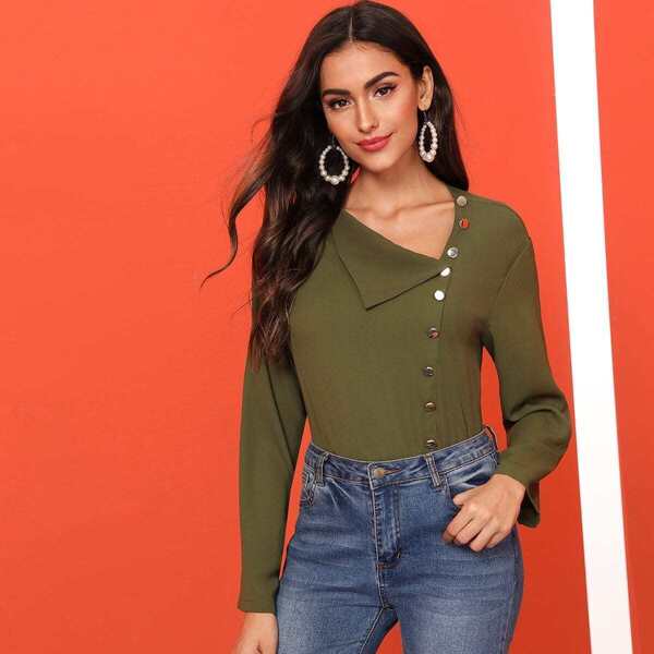 

Asymmetrical Neck Button Front Top, Army green