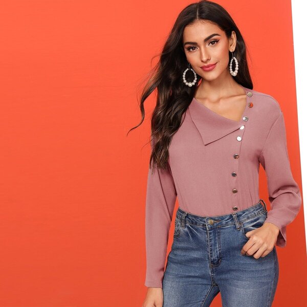 

Draped Collar Button Front Top, Pink