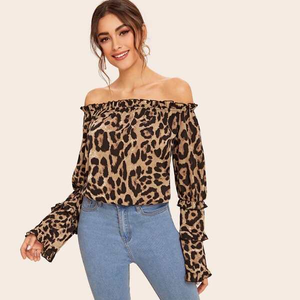 

Off Shoulder Frilled Trim Leopard Print Top, Multicolor