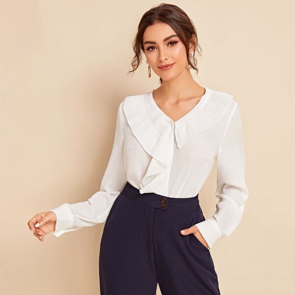 

Solid Plisse Ruffle Trim Blouse, White