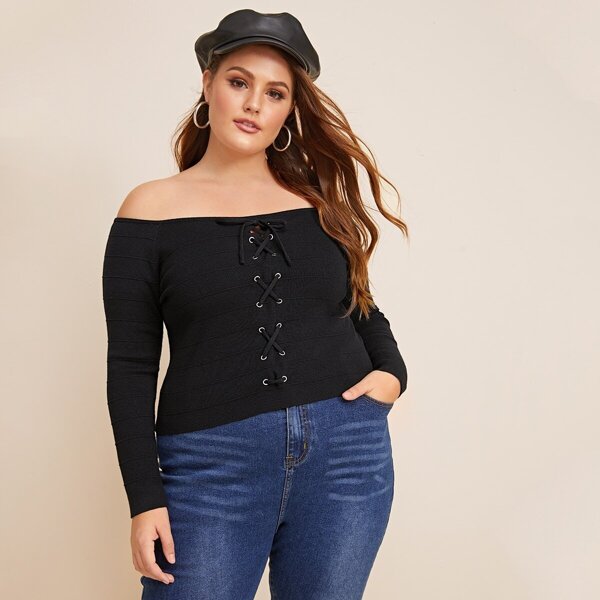 

Plus Off Shoulder Grommet Lace-up Front Sweater, Black