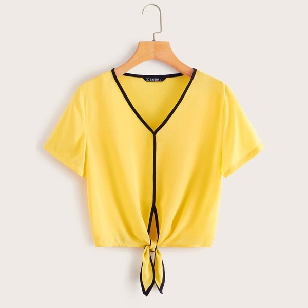

Contrast Binding Tie Front top, Yellow pastel