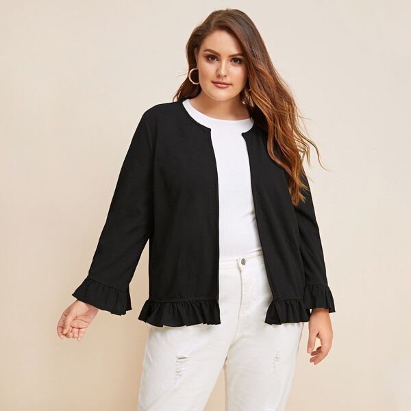 

Plus Open Front Ruffle Trim Jacket, Black