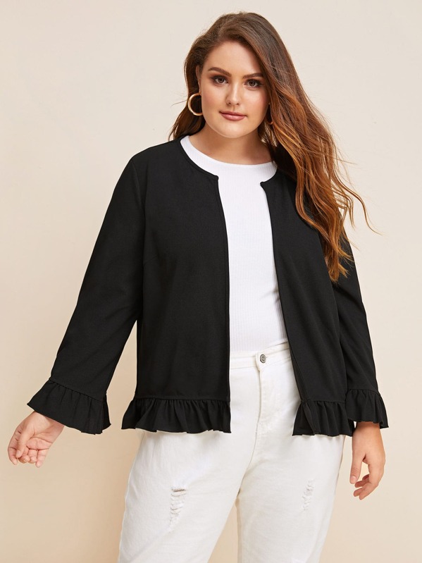 

Plus Open Front Ruffle Trim Jacket, Black, Gabriela B