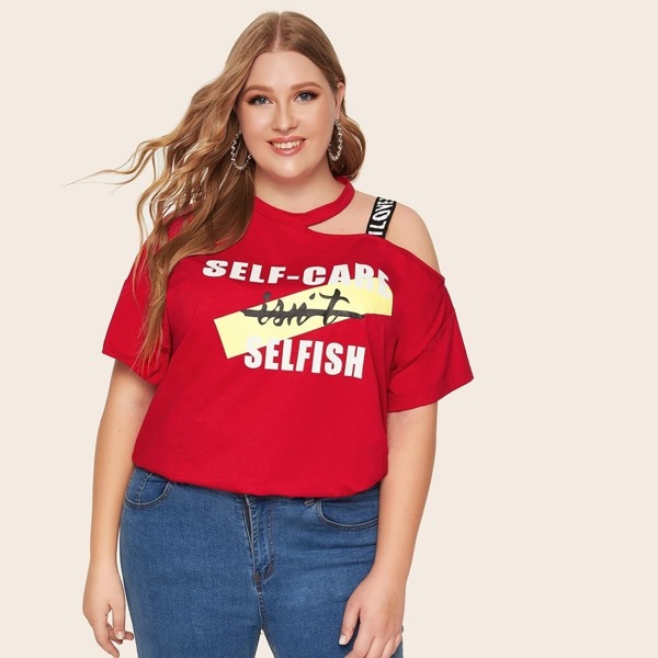 

Plus Asymmetrical Neck Tape Detail Slogan Graphic Top, Red bright