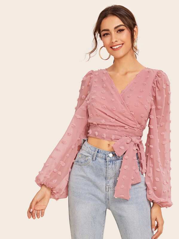 

Lantern Sleeve Wrap Belted Chiffon Blouse, Pink, Carol A