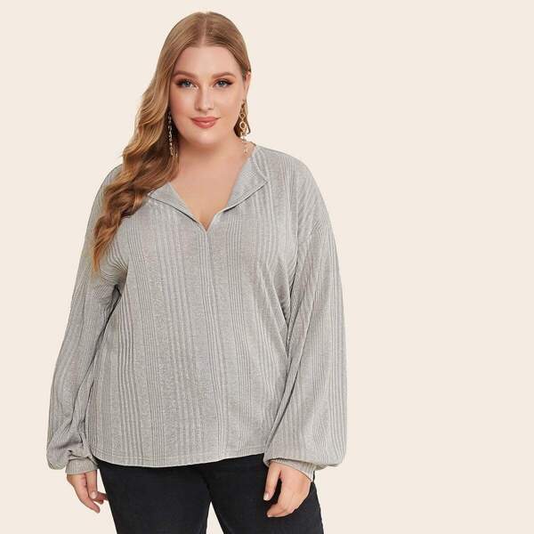 

Plus V-cut Neck Lantern Sleeve Top, Grey