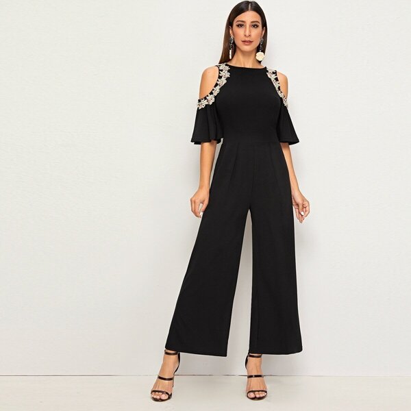 

Cold Shoulder Embroidery Appliques Wide Leg Jumpsuit