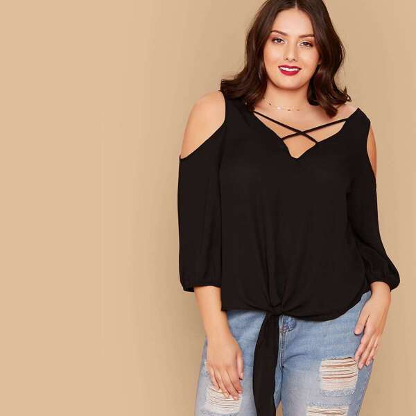 

Plus Cold Shoulder Strappy Neck Tie Hem Top, Black