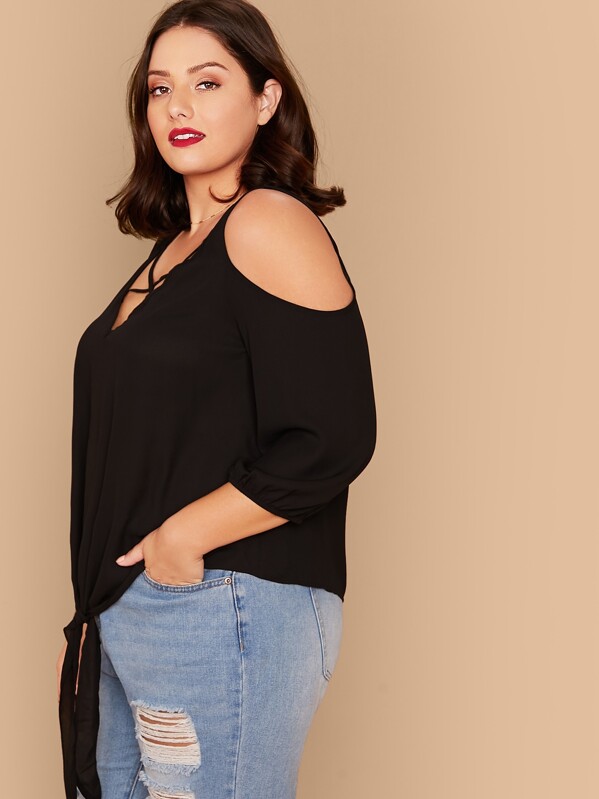 

Plus Cold Shoulder Strappy Neck Tie Hem Top, Black, Marcelle Pallais