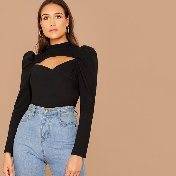 

Puff Sleeve Cutout Front Top, Black
