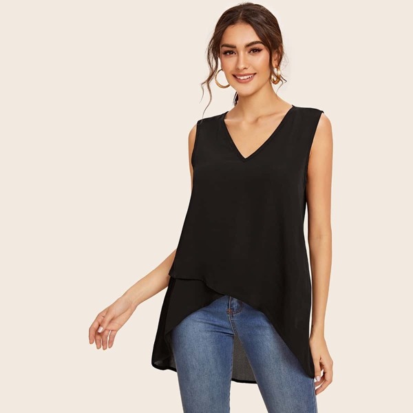 

Solid High Low Hem Sleeveless Top, Black