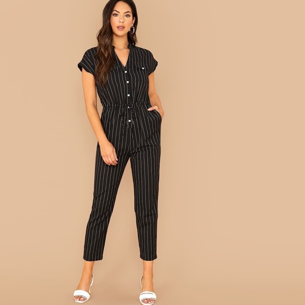 

Flap Pocket Button Front Striped Shirt Jumpsuit, Black