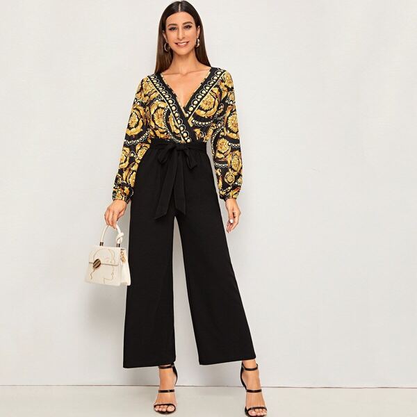 

Scarf Print Surplice Neck Wide Leg Belted Jumpsuit, Multicolor