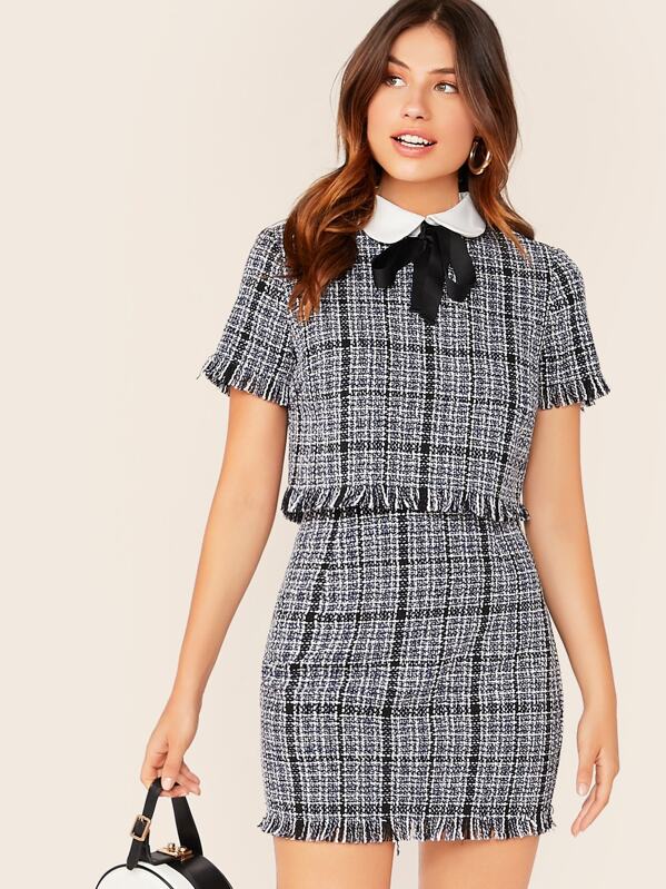 

Raw Hem Tie Neck Tweed Top & Skirt Set, Multicolor, Carmen S