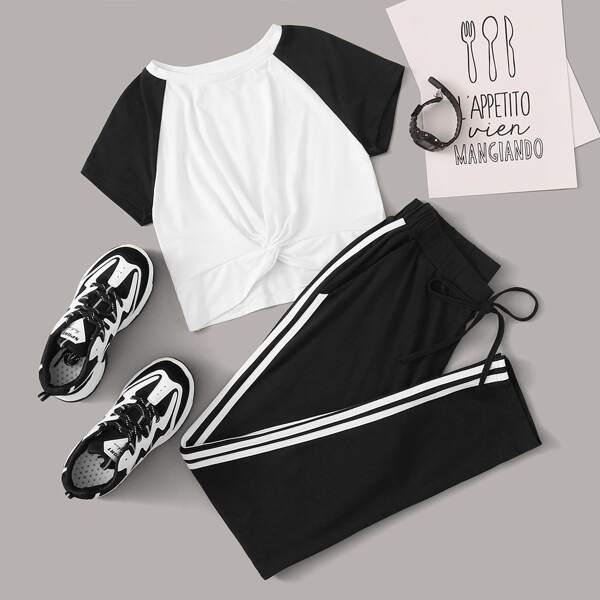 

Raglan Sleeve Twist Front Crop Top & Striped Tape Side Pants Set
