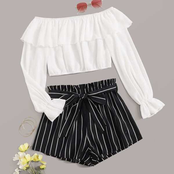 

Flounce Trim Bardot Top & Paperbag Waist Belted Striped Shorts Set