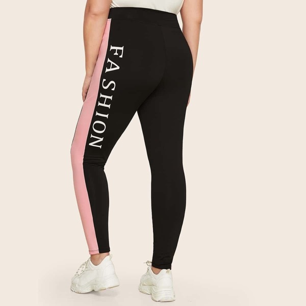 

Plus Letter Print Colorblock Leggings