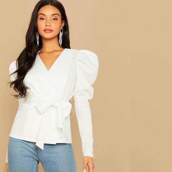 

Wrap Belted Leg-of-mutton Sleeve Top, White