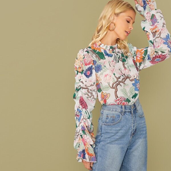 

Frill Mock Neck Ruched Puff Sleeve Floral Print Blouse, Multicolor