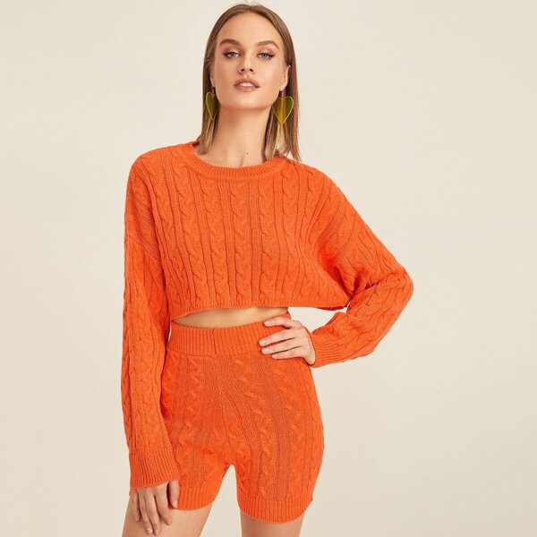 

Drop Shoulder Textured Sweater & Skinny Shorts Set, Orange bright
