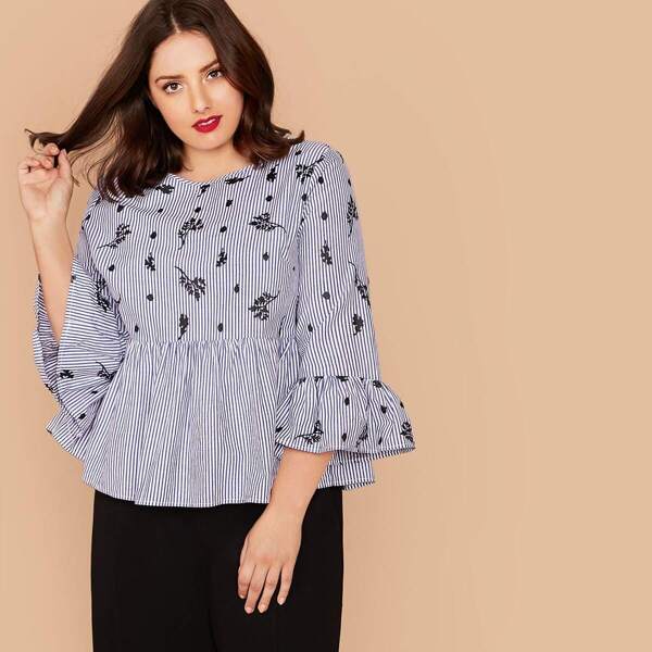 

Plus Plants & Striped Print Ruffle Trim Blouse, Blue