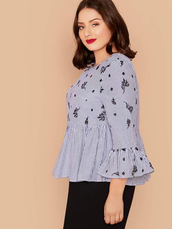 

Plus Plants & Striped Print Ruffle Trim Blouse, Blue, Marcelle Pallais