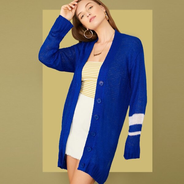 

Striped Sleeve Button Front Mohair Cardigan, Blue bright
