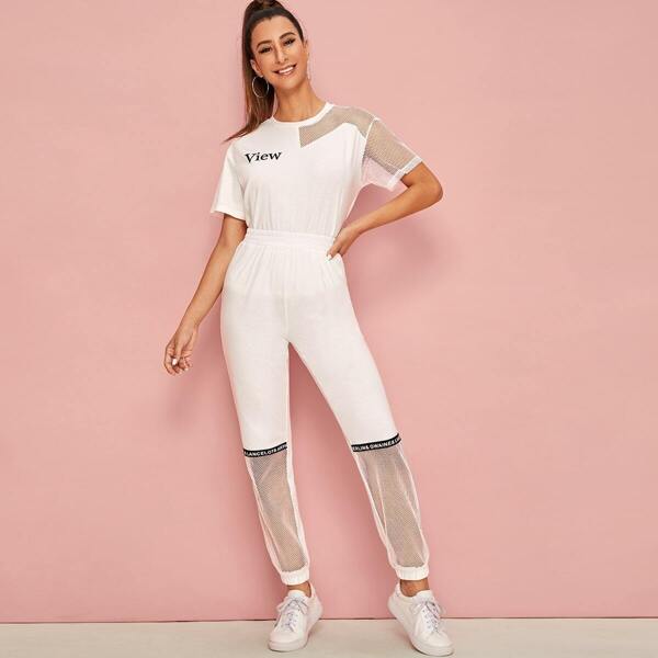 

Fishnet Mesh Insert Tee and Letter Tape Sweatpants Set, White