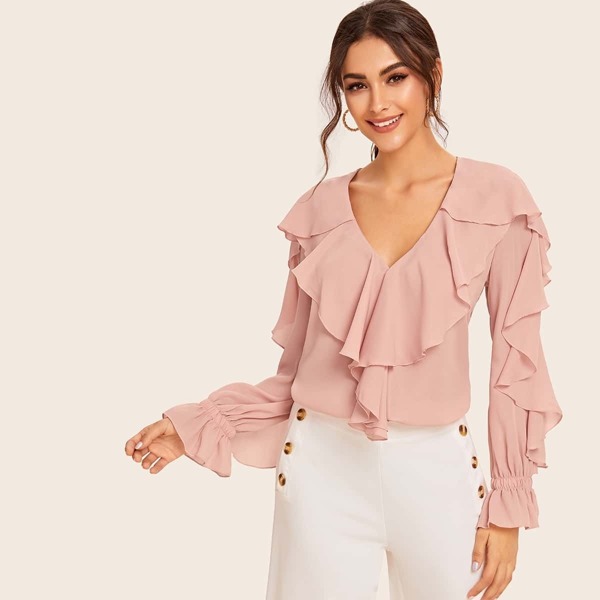 

V-neck Flounce Sleeve Ruffle Trim Blouse, Pink pastel