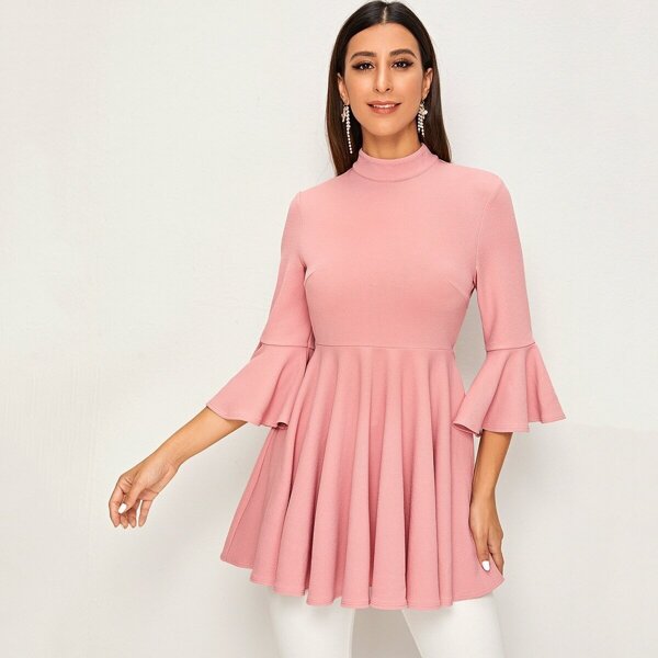 

Stand Collar Ruffle Trim Top, Pink