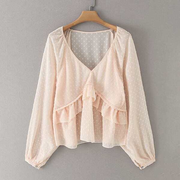 

Ruffle Trim Swiss Dot V-Neck Blouse, Pink pastel