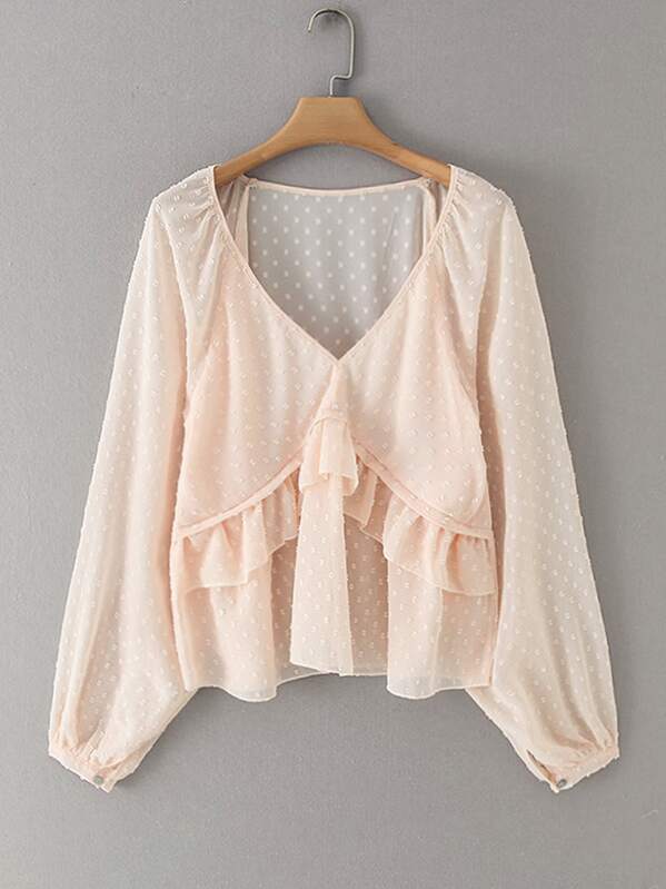 

Ruffle Trim Swiss Dot V-Neck Blouse, Pink