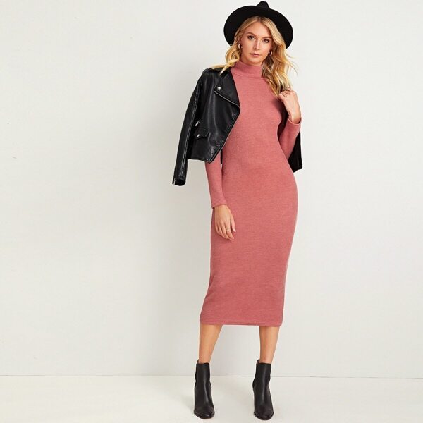 

Solid High Neck Rib-knit Dress
