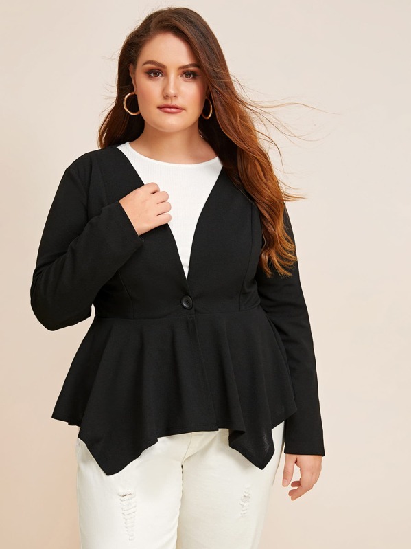 

Plus Button Front Ruffle Hem Coat, Black, Gabriela B
